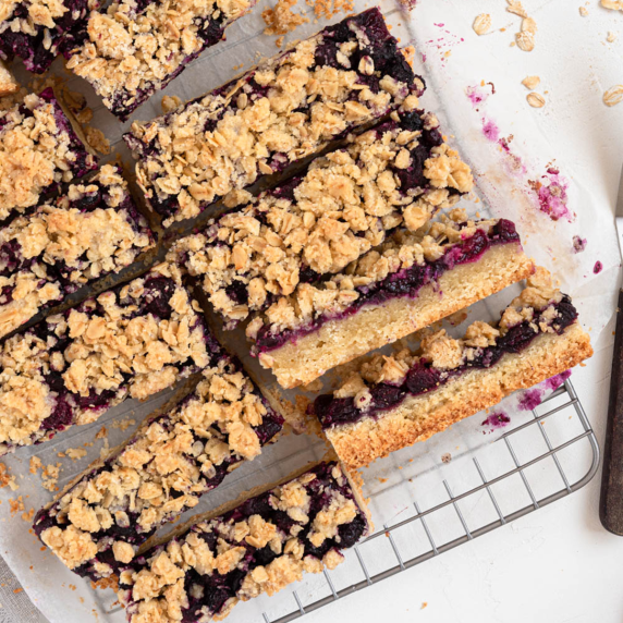 Buttery almond shortbread with blueberry jam and oat crumble