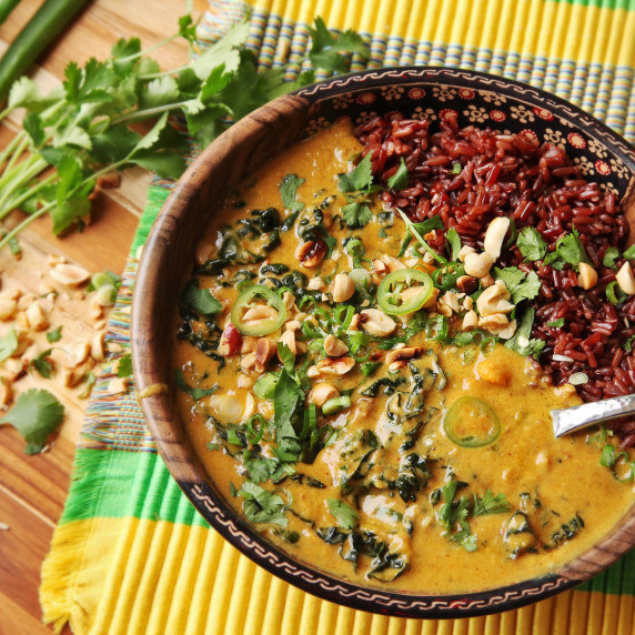 Vegan Peanut, Sweet Potato, and Kale Soup with Coconut