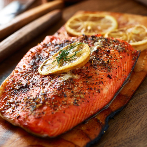 A piece of salmon on a cutting board with yellow lemon slices and a bunch of dill as decoration