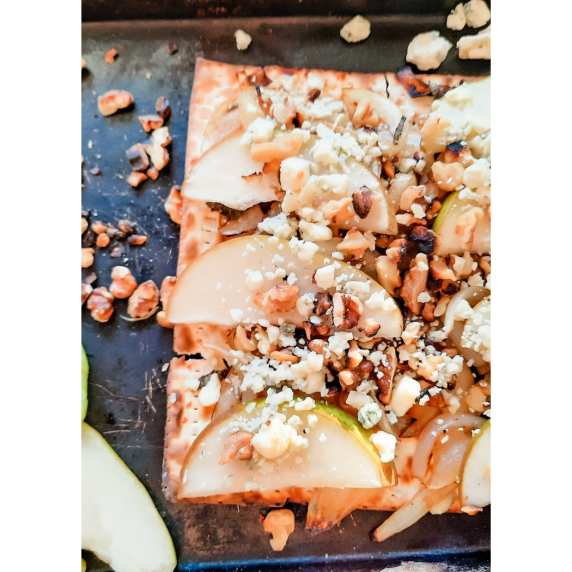 Pear blue cheese flatbread on a sheet pan