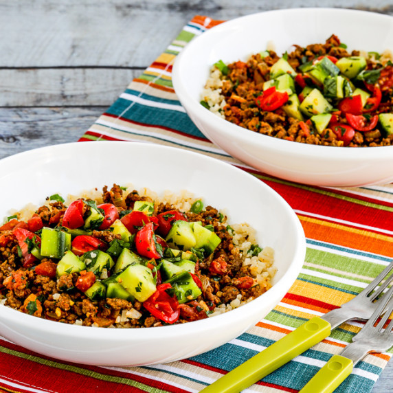 Middle Eastern Ground Beef Bowls thumbnail image of two finished bowls with tomato-cucumber salsa.