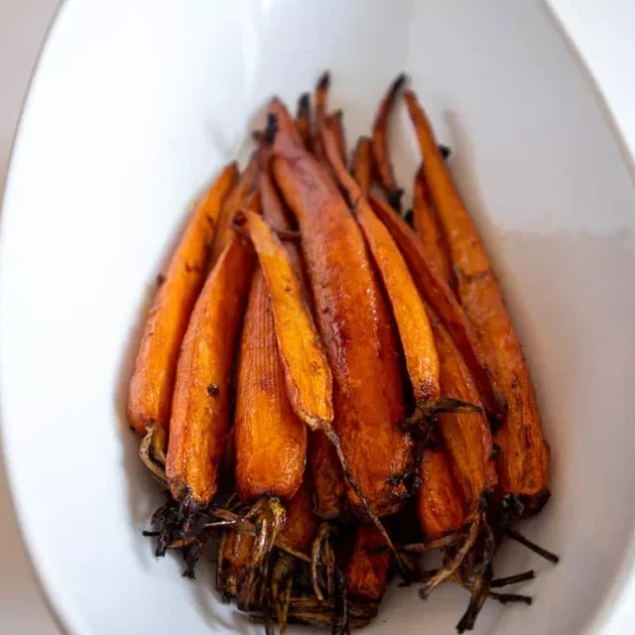 Balsamic Glazed Carrots lengthwise in a serving dish