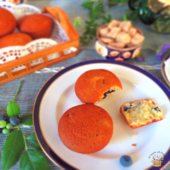Blueberry Muffins on a blue and white plate