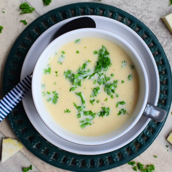 A bowl of butter bean soup flavoured with Celeriac and Parmesan