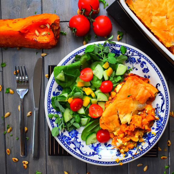 A savoury vegetarian baklava with salad