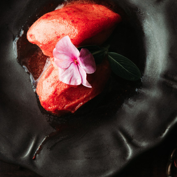 STRAWBERRY SORBET SCOOP IN A BOWL