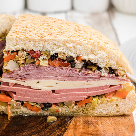 Close up of a Cajun muffuletta sandwich from New Orleans.