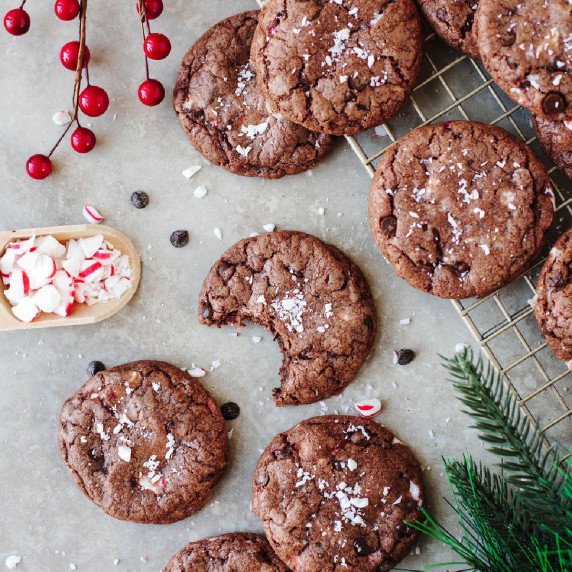 chocolate chunk peppermint cookies baked and ready to enjoy.