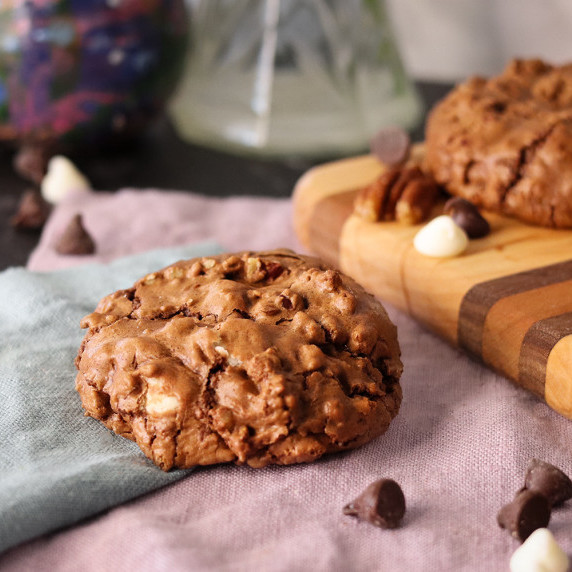 Chocolate bliss cookie on linen napkins showing exterior texture