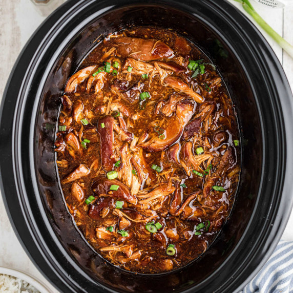 Overhead shot of a crock pot bourbon chicken recipe.