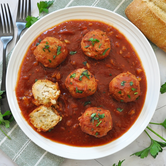 White Bean “Meatballs” in Garlic Tomato Sauce