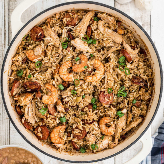 Overhead shot of a Dutch Oven filled with Cajun Jambalaya.