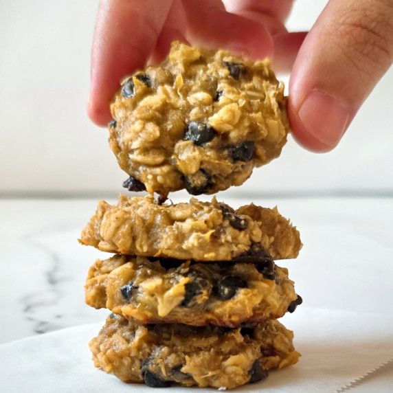 Stacked oatmeal cookies.