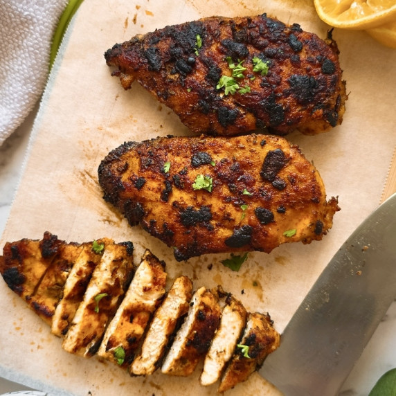 Blackened chicken recipe pieces.