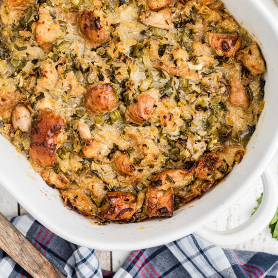overhead shot of a casserole dish full of oyster dressing.