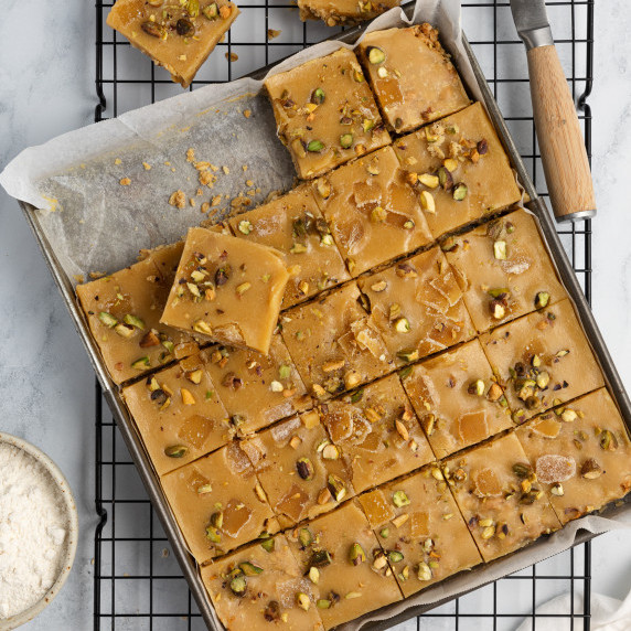 Ginger slice in a tin cut into squares