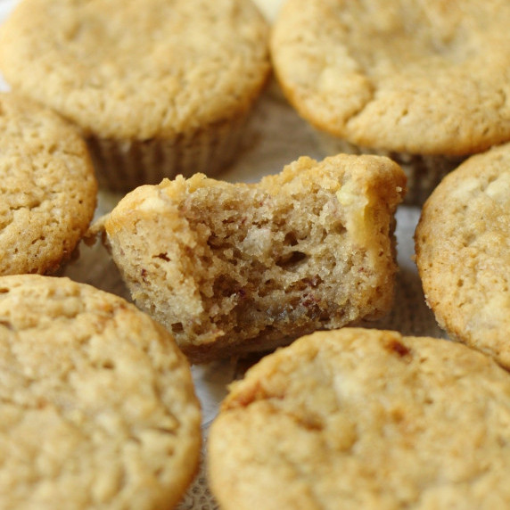 grainf-free banana bread muffins stacked