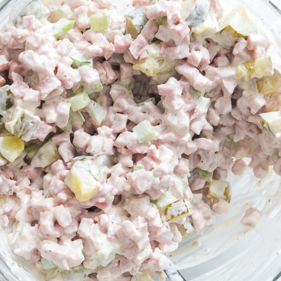 Bowl of homemade ham salad.