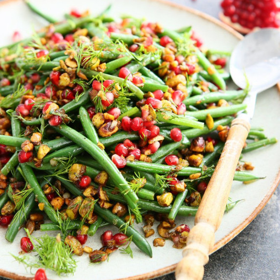 Garlicky Green Beans with Pistachios and Pomegranate