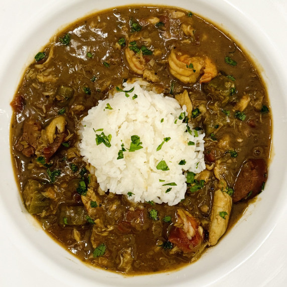 Seafood gumbo loaded with sausage, shrimp and crab.