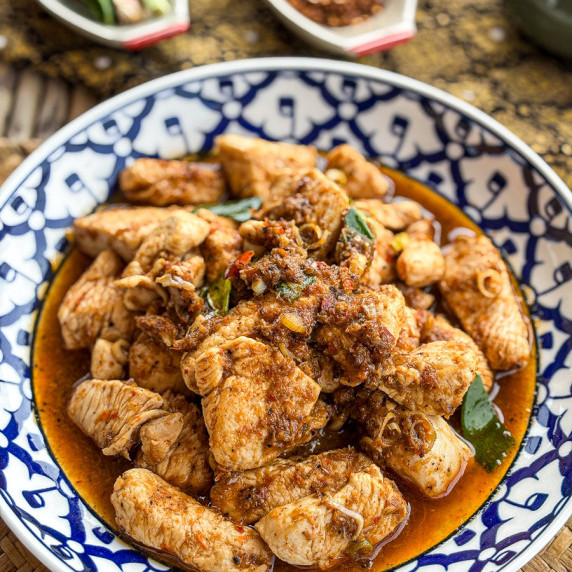 Top-view of Thai lemongrass chicken stir-fry in a patterned dish.