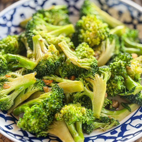 Close-up of Thai broccoli stir-fry with garlic.