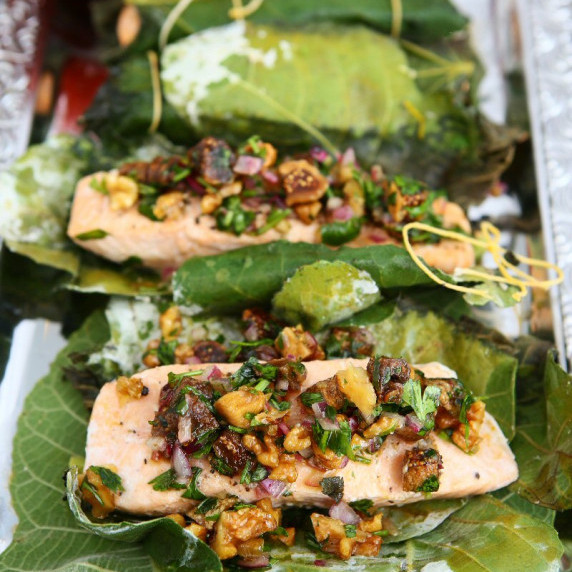 Salmon Fillet Baked in Fig Leaves with Dried Fig and Walnut Salsa