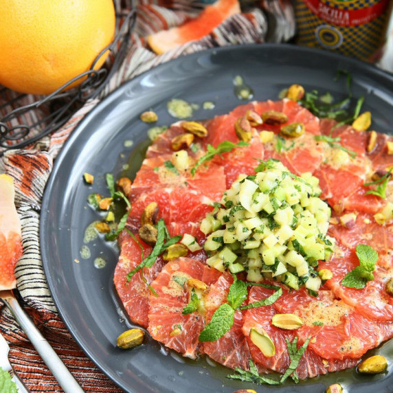 Grapefruit Carpaccio with Fennel Tartare and Pistachios