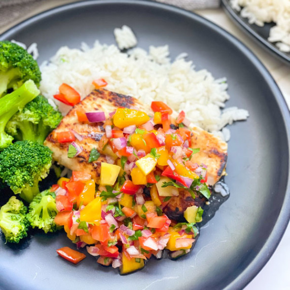 Pan-Seared Mahi Mahi Recipe w Coconut Rice & Mango Salsa