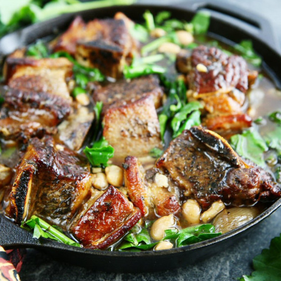 Balsamic Beef Short Ribs with Butter Beans and Sugar Beet Greens