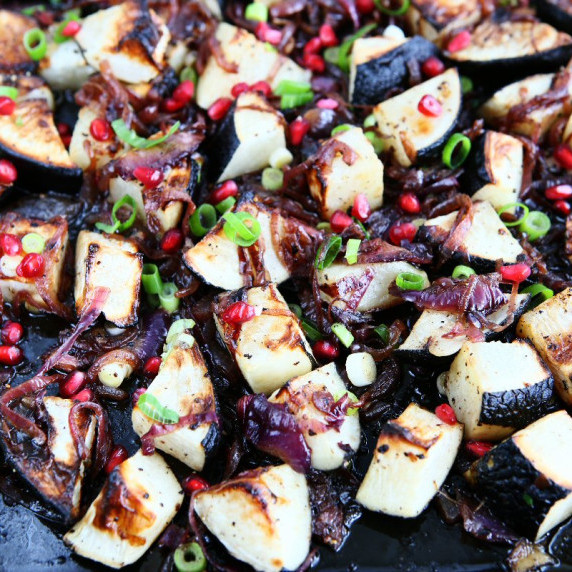 Roasted Black Radishes with Caramelised Red Onions