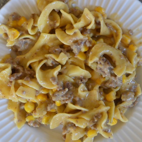 A serving of creamy ground beef and egg noodles on a white plate.