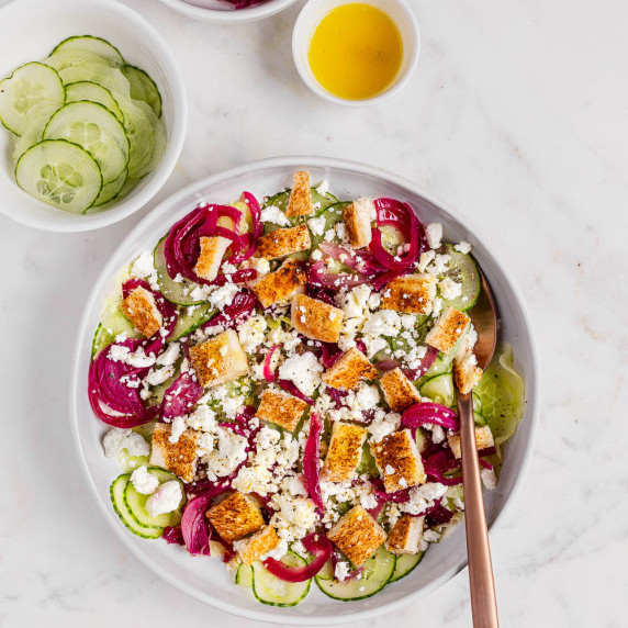 cucumber feta breadcrumbs and onions salad