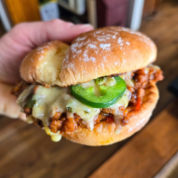 Golden buns stuffed with sloppy joe filling, melty white cheddar, and green jalapeno slices.