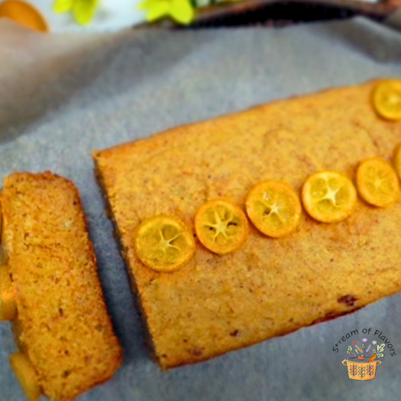 Kumquat Cake with sweet lime juice, pecans, date sugar, almond flour, and spelt flour