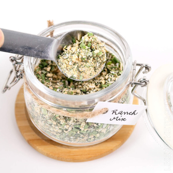 Jar of homemade dry ranch packet with hand written label.