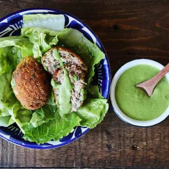 Mexican tuna patties topped with cilantro lime dressing