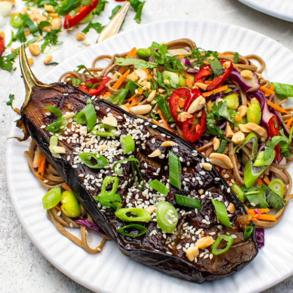 Miso Aubergines with Soba Noodle Salad on plate