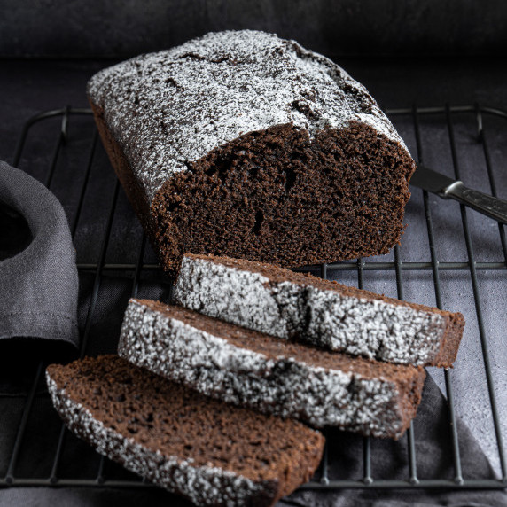 Moist chocolate loaf cake sliced