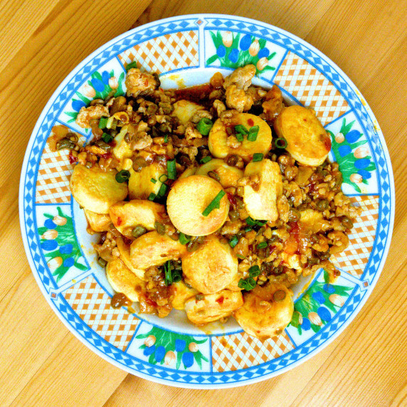 pan-fried tofu with meat sauce