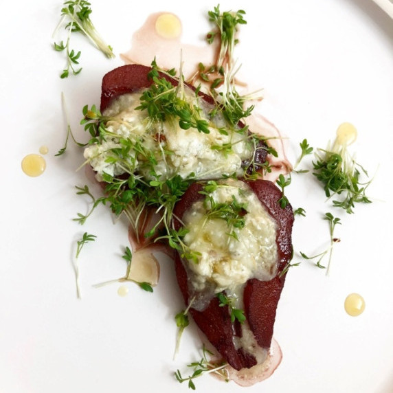 Poached Pears with Gorgonzola and Cress
