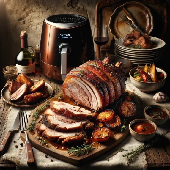 Porchetta with rosemary, thym, apple, fennel on a countertop