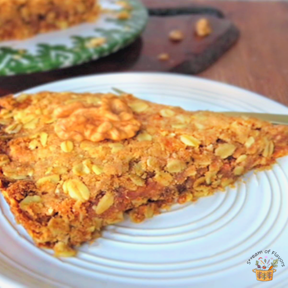 Quince Pie Recipe with rolled oats, brown sugar, and whole wheat flour and quince and date filling