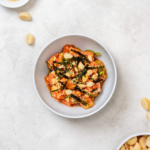 salmon poke bowl with macadamia nuts