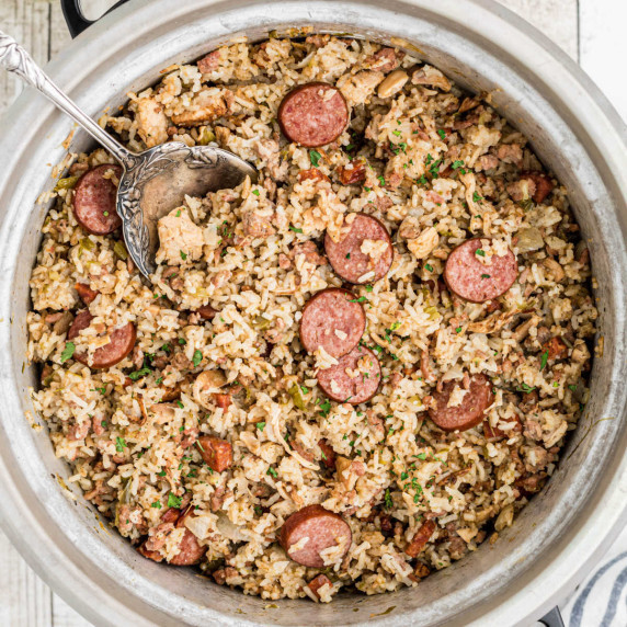 Close up of a rice cooker jambalaya