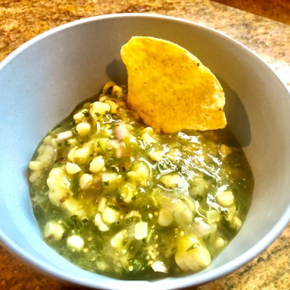 Salsa Verde with Corn in a bowl by Sear Marks