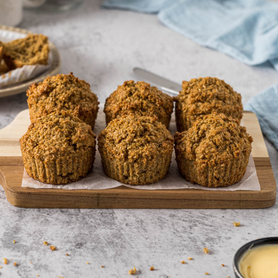 Bran muffins on a serving platter.