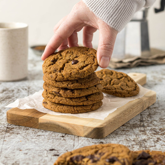Coffee cookies stacked on each other.
