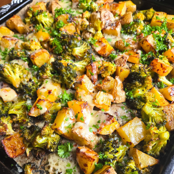Gorgeous golden roasted taters & green broccoli smothered under melty cheese.
