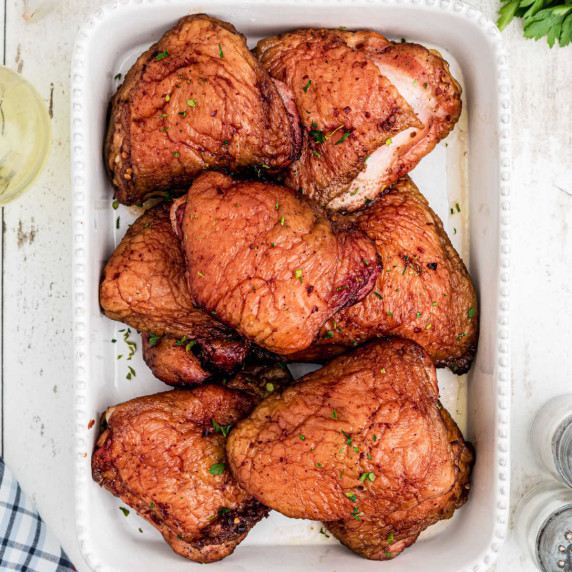 dish full of smoked chicken thighs